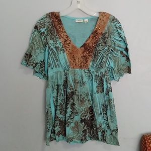 Cato women's teal and brown v-neck blouse